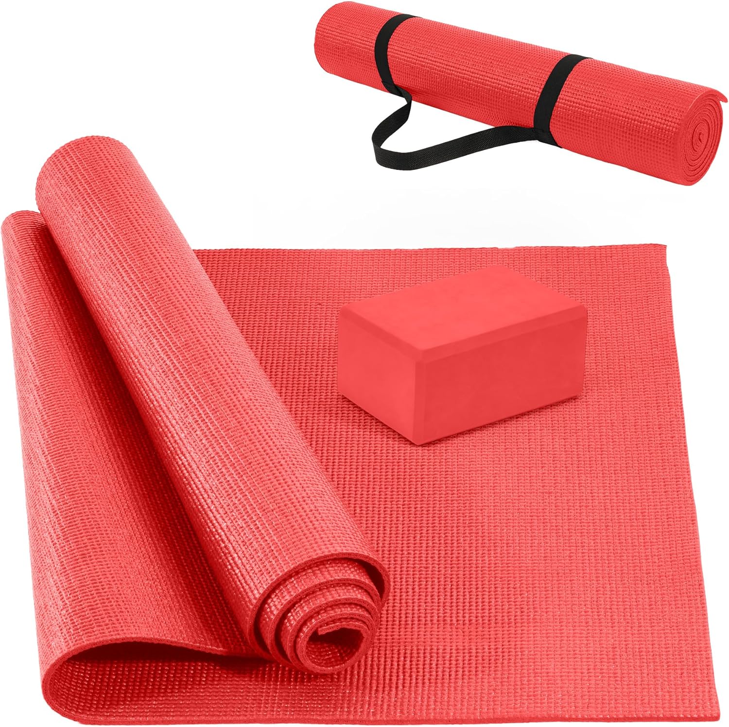 All Purpose 0.25 Inch Thick High Density No Tear Exercise Yoga Mat with Strap & Lightweight Features for Indoor & Outdoor Use, Red